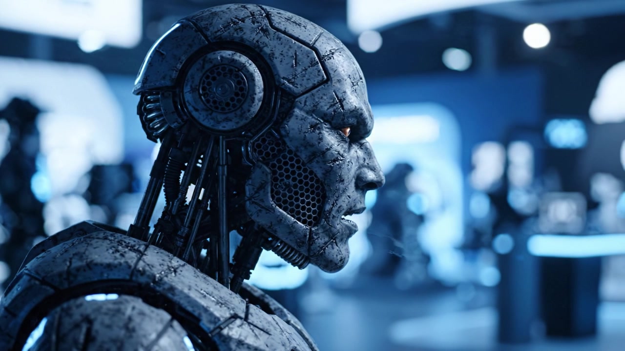 Prototipo robotico futuristico: un vivido incontro con la tecnologia di automazione avanzata che mostra caratteristiche dettagliate e un design intricato in un ambiente immersivo.