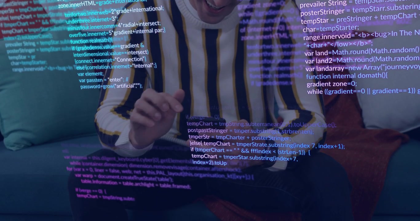 Seated man tapping phone and causing code overlay expanding across screen while debugging in tech
