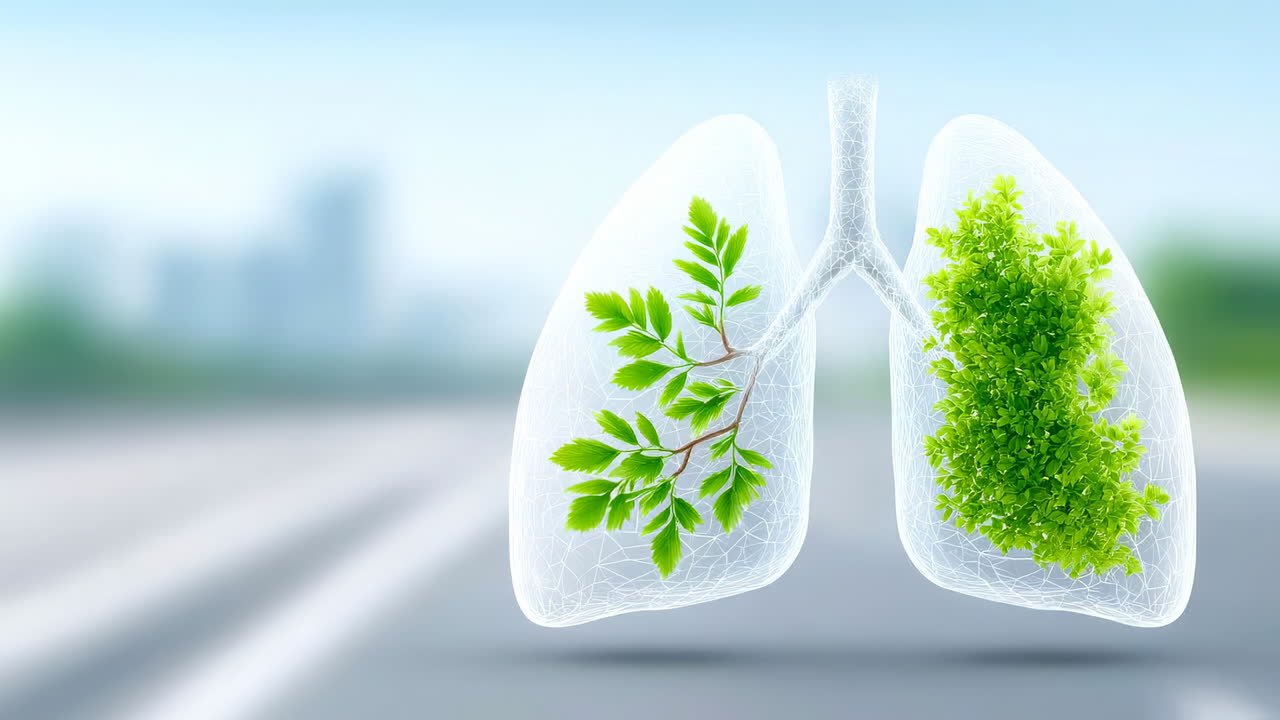 Green plant lungs symbolize health. Lungs created from green leaves show the connection between nature and human health in a bright city setting