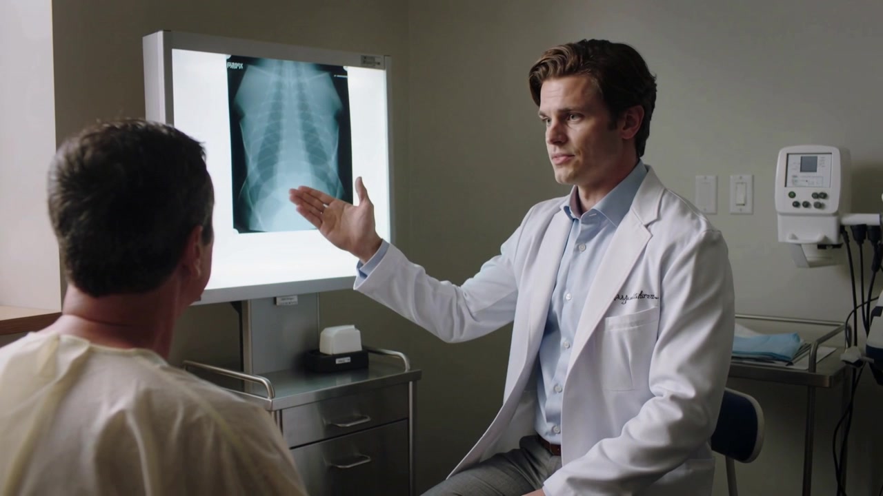 Pointing physician in lab coat tracing chest X-ray in clinic, noting finding for patient in gown