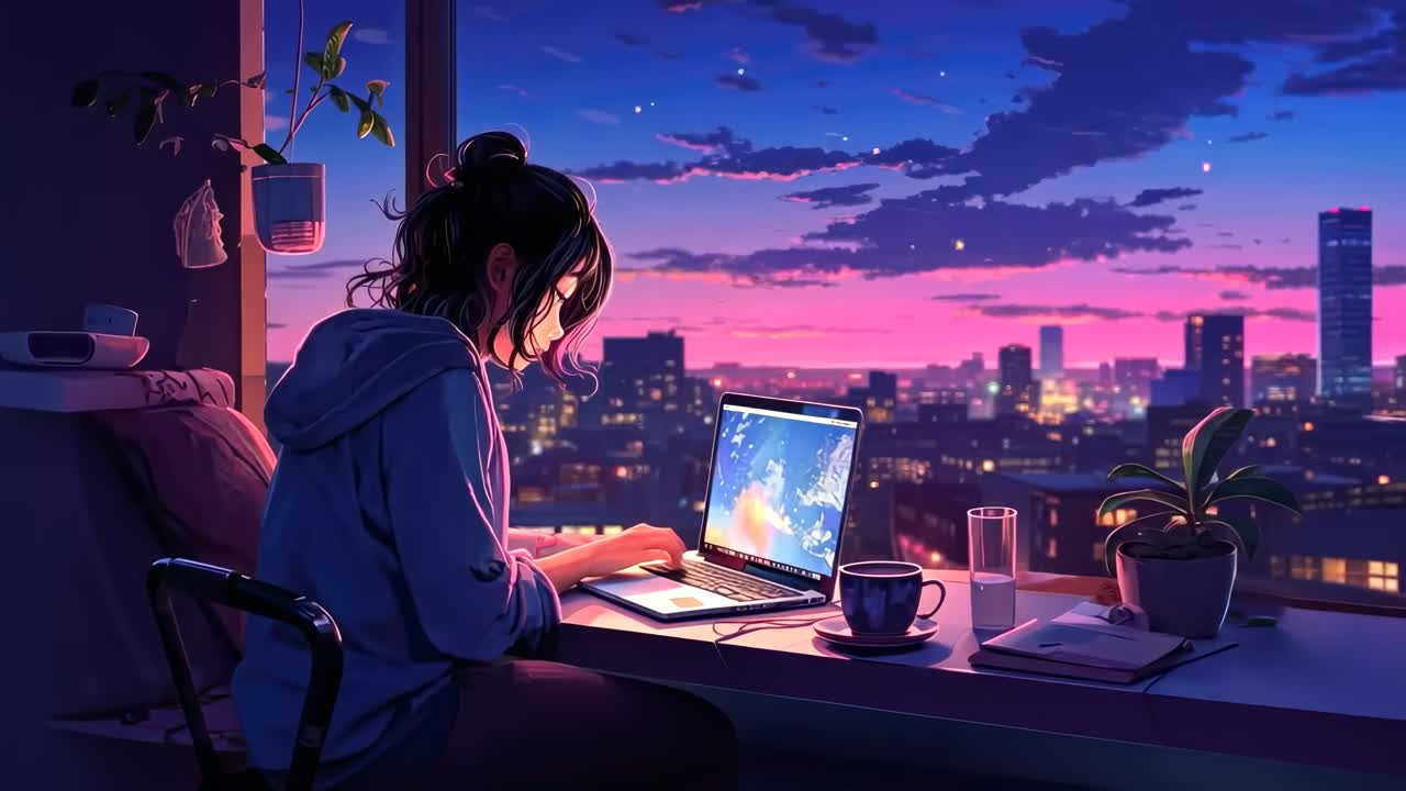 夕暮れ時の街並みを捉えた、窓際でノートパソコンに向かう人の穏やかな動画シーン。