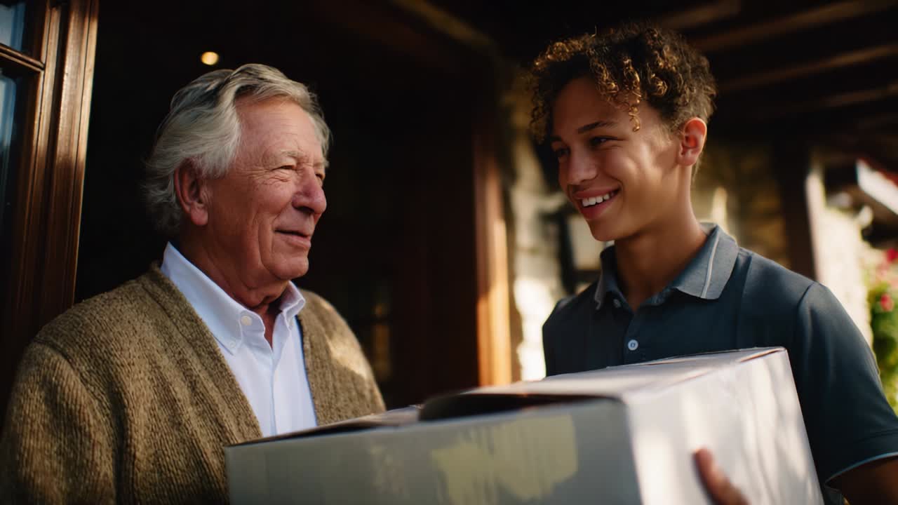 A Heartwarming Moment of Connection: A Young Man Delivers a Package to an Elderly Gentleman, Sparking Joy and Smiles as They Share a Meaningful Interaction on a Beautiful Day