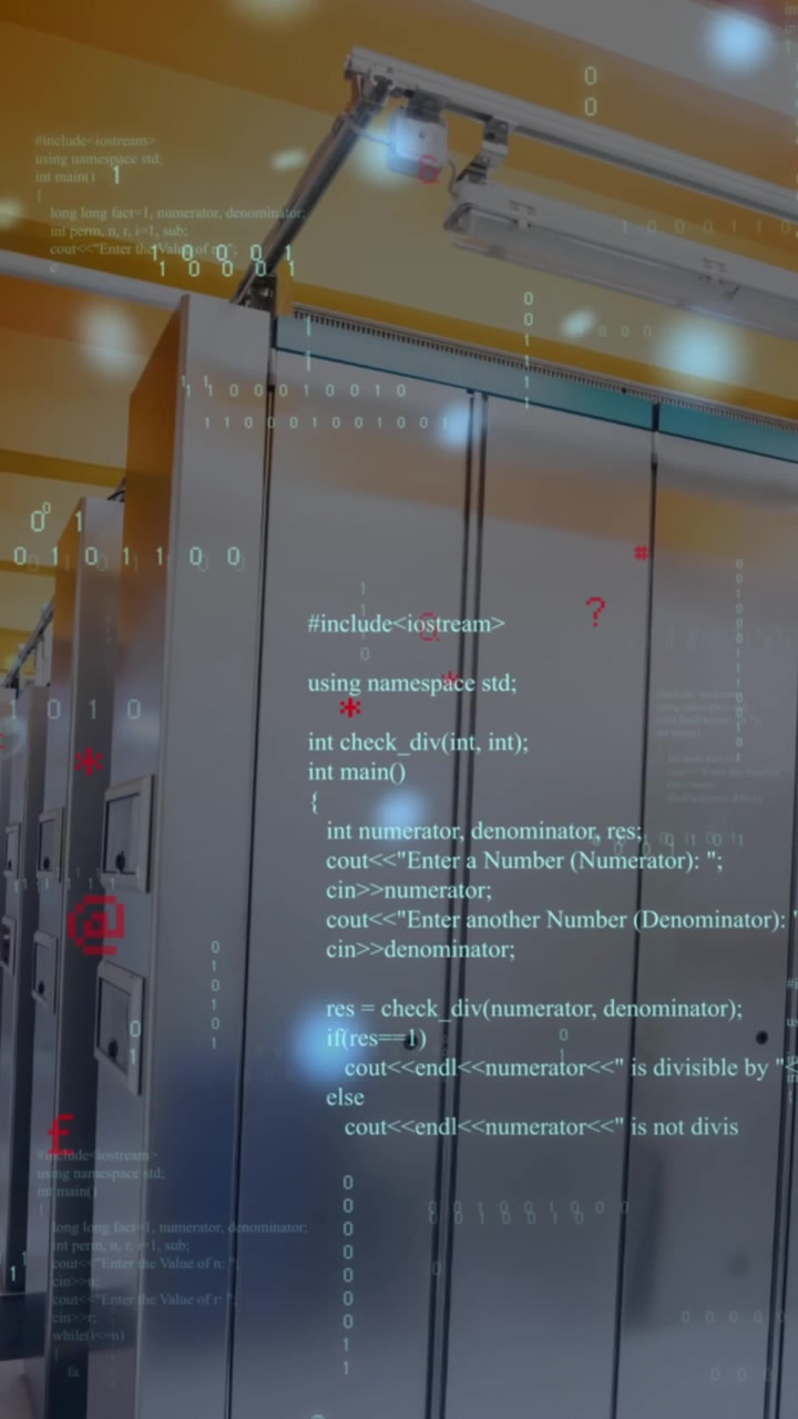 Animation of data processing, symbols and blue glowing spots against computer server room