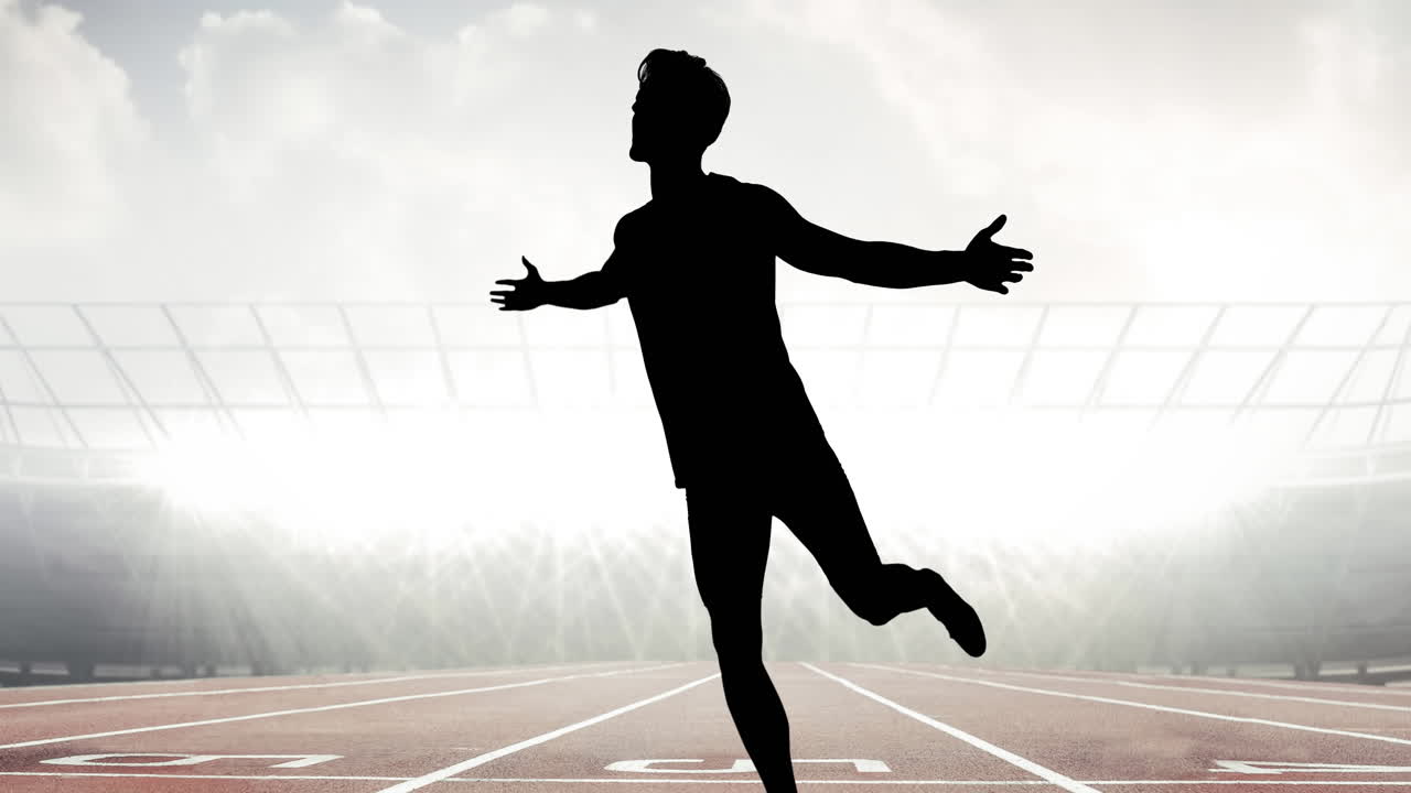 animación de la silueta de un atleta masculino corriendo por la pista de carreras en un estadio deportivo