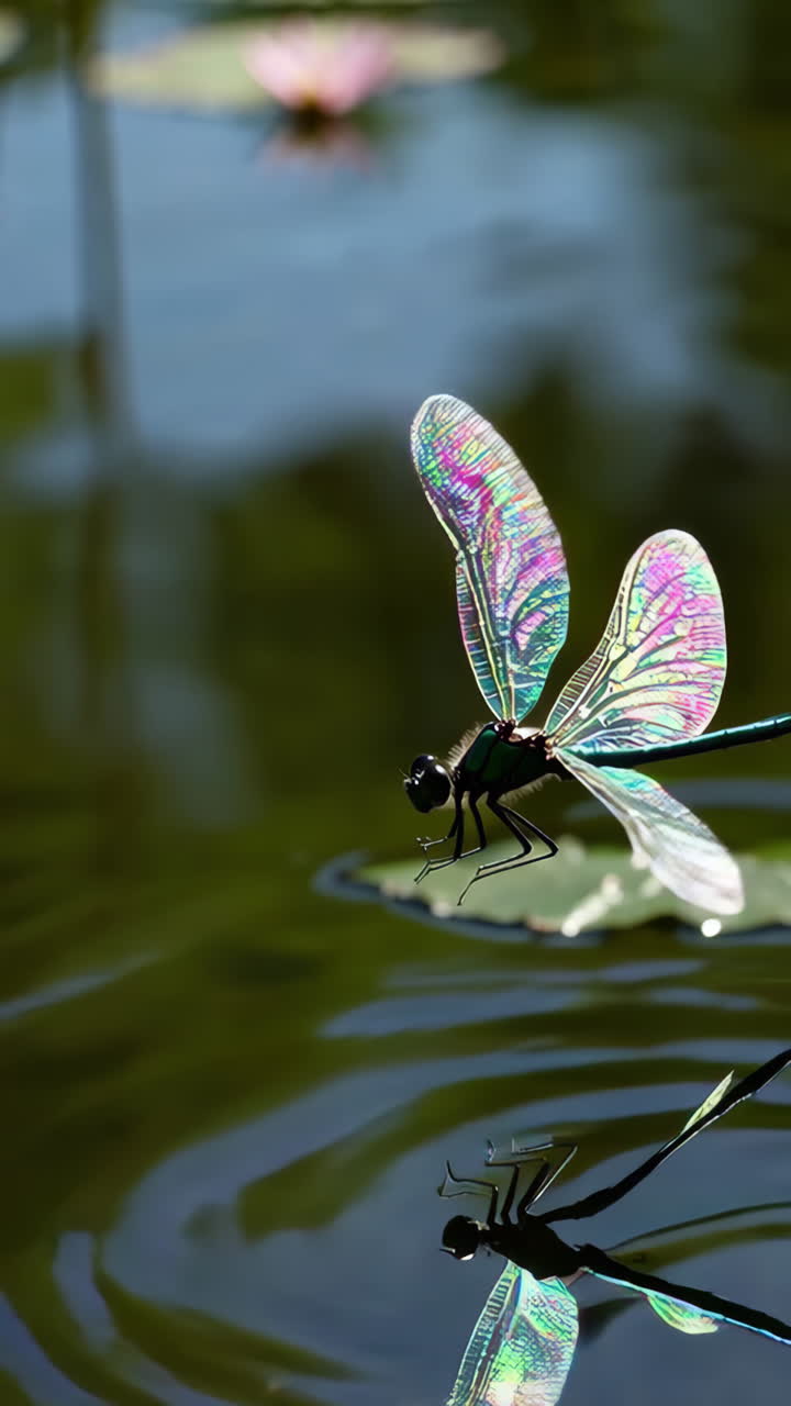 Libellula iridescente su ninfea