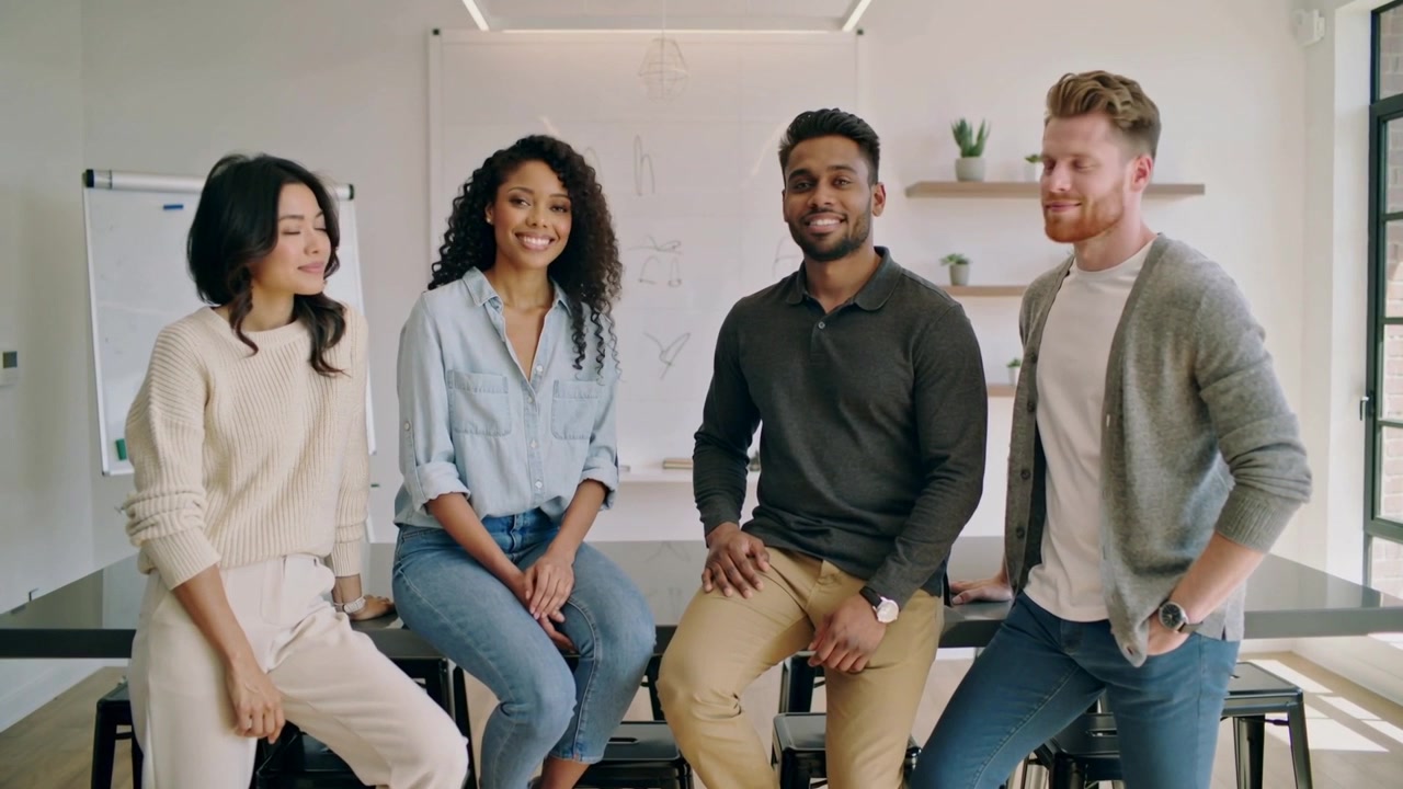 Et team på fire skifter blik, smiler og poserer for kameraet efter et signal uden for kameraet, med et whiteboard i baggrunden, iført business casual tøj