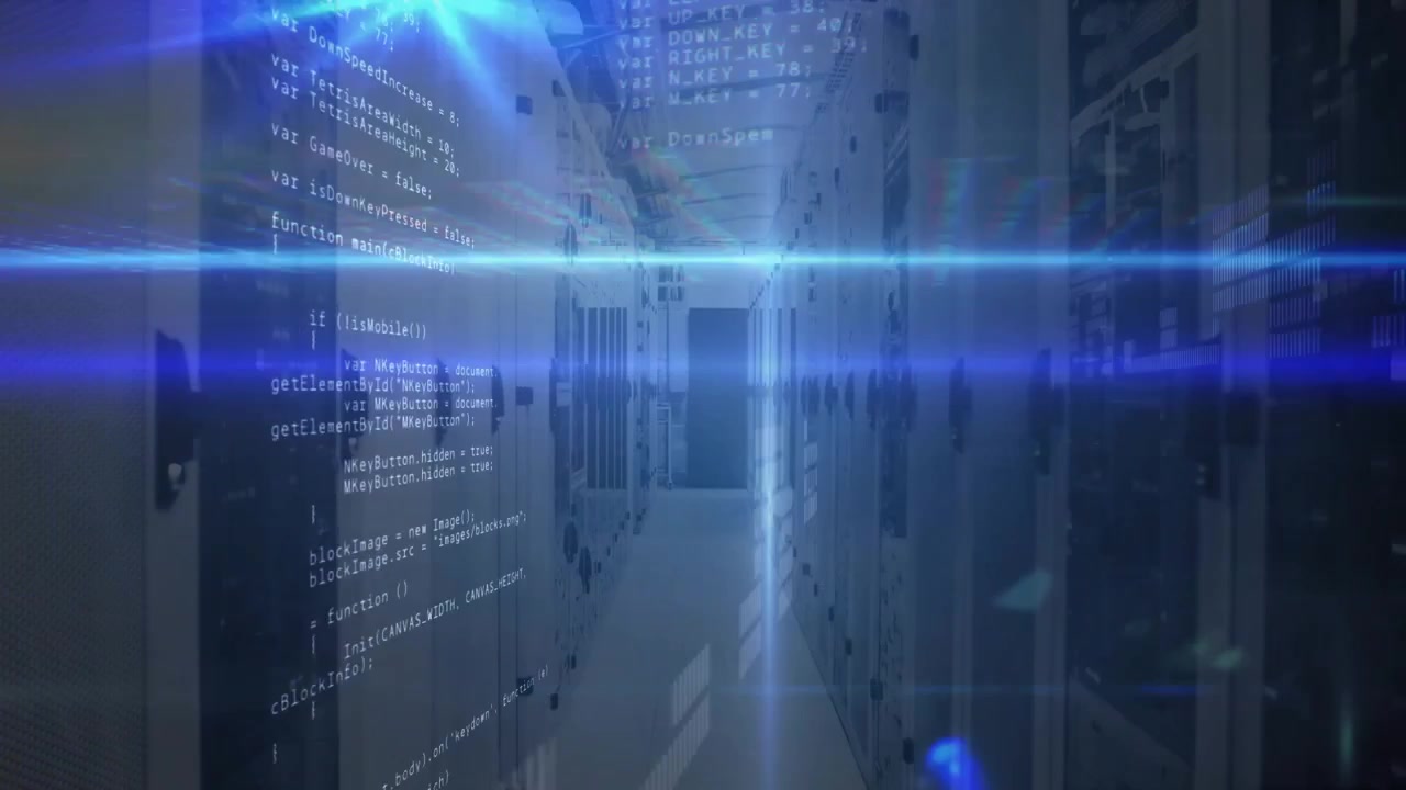 Server aisle getting white light, sweeping blue beams fading code overlays showing data flow