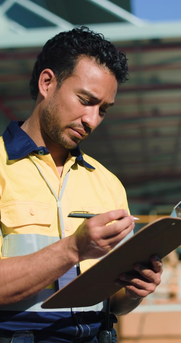 Warehouse Worker Writing on Clipboard in Industrial Setting