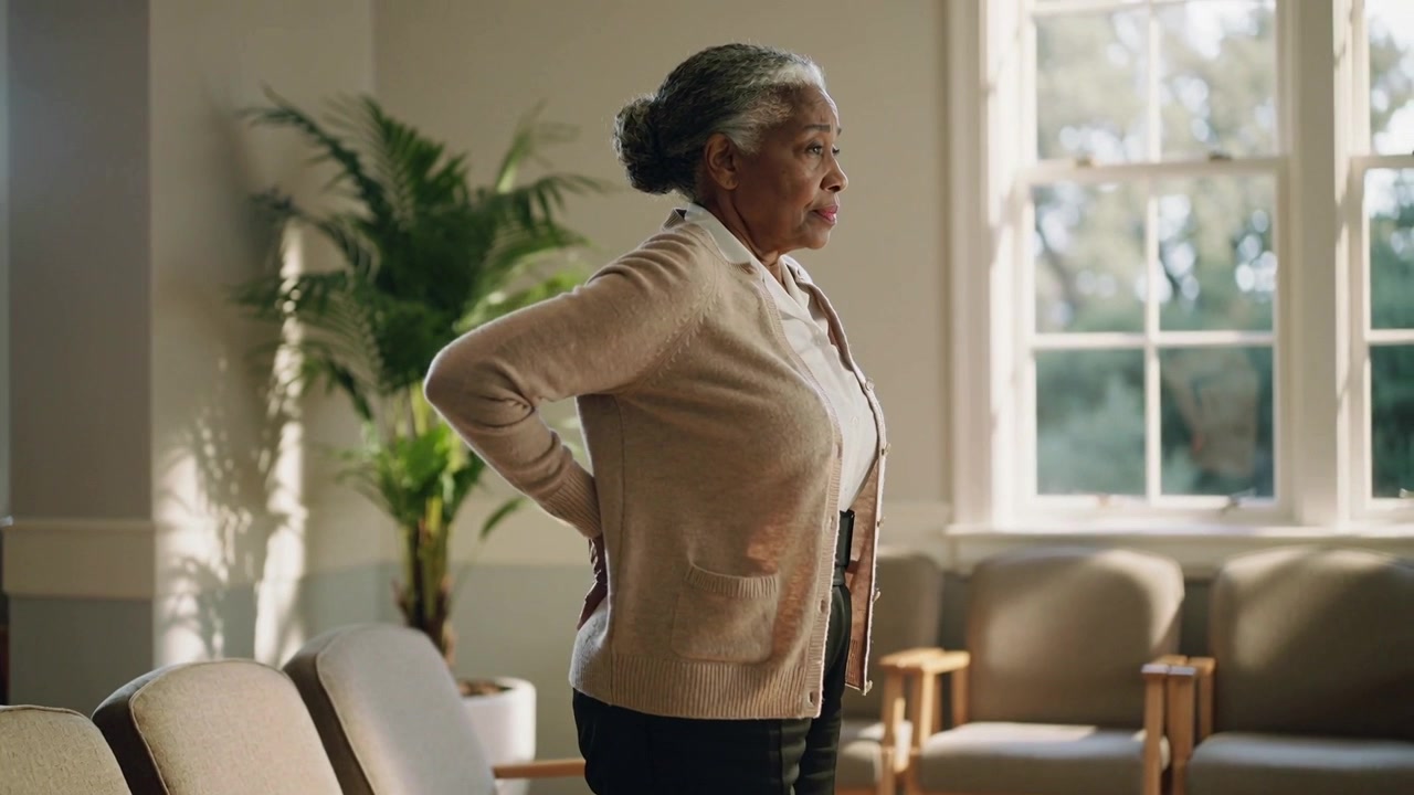 Pushing off chair, senior woman in cardigan rising in waiting room, holding back to relieve pain