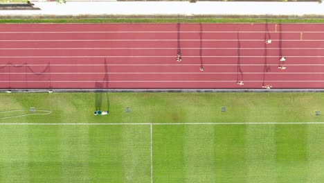 people during early morning jogging on a racetrack with long starched silhouettes, aerial view