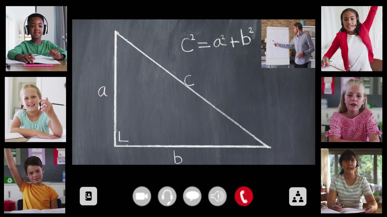 Animation of interface screen with chalkboard, teacher and six diverse children in online lesson