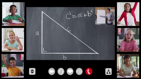 animation of interface screen with chalkboard, teacher and six diverse children in online lesson