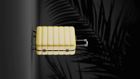 vertical of 3d rendering animation of luggage suitcase with palm tree leaf in black background shade