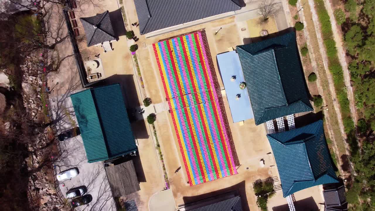 Aerial top down spinning shot of Korean buildings