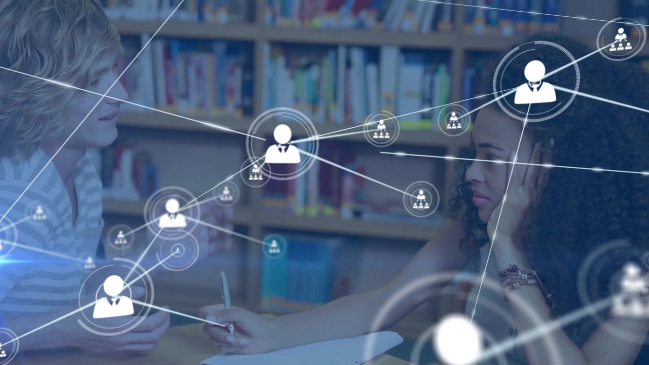 Animation of network of connections over diverse students talking in library