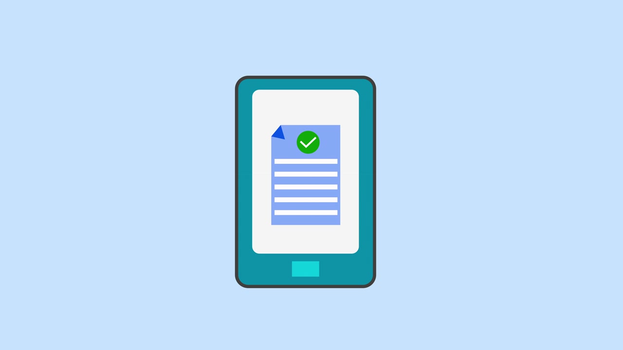 Smartphone animato che mostra il completamento di un documento e una spunta di successo
