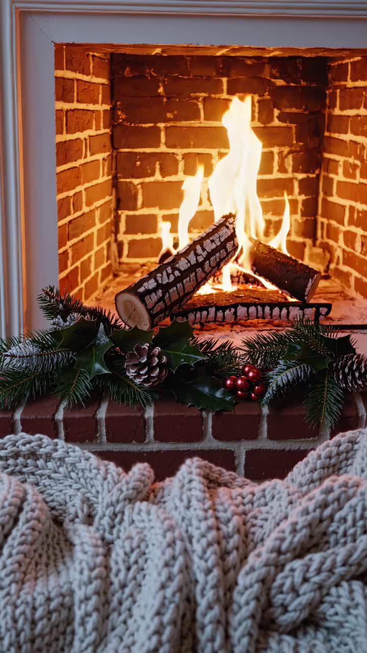 Cozy fireplace with crackling logs, captured from a low angle