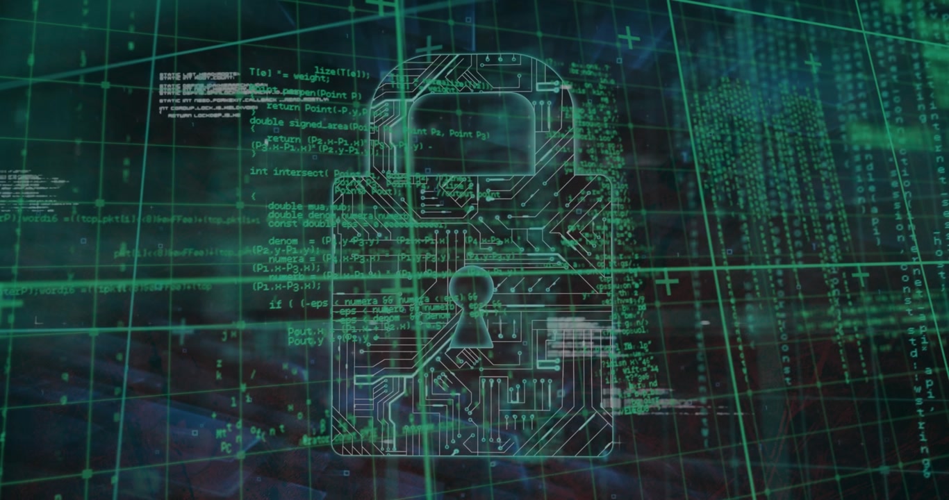 Animation of online security padlock with circuit board and data processing