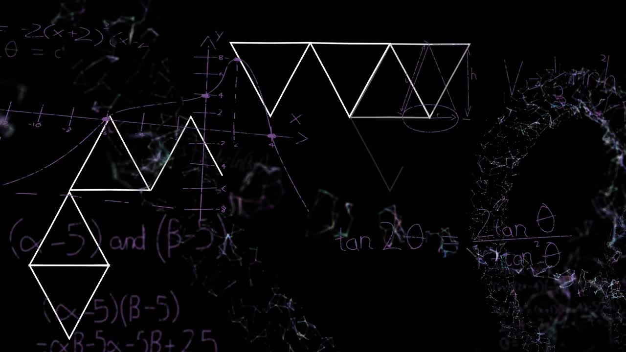 анимация математических уравнений над формами на черном фоне