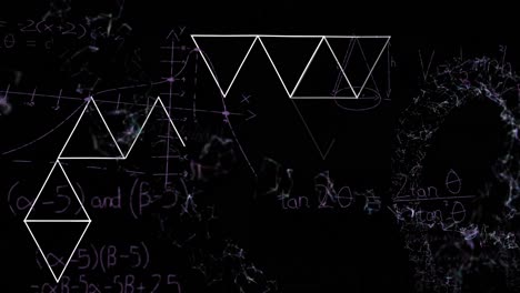 Animation-of-mathematical-equations-over-shapes-on-black-background