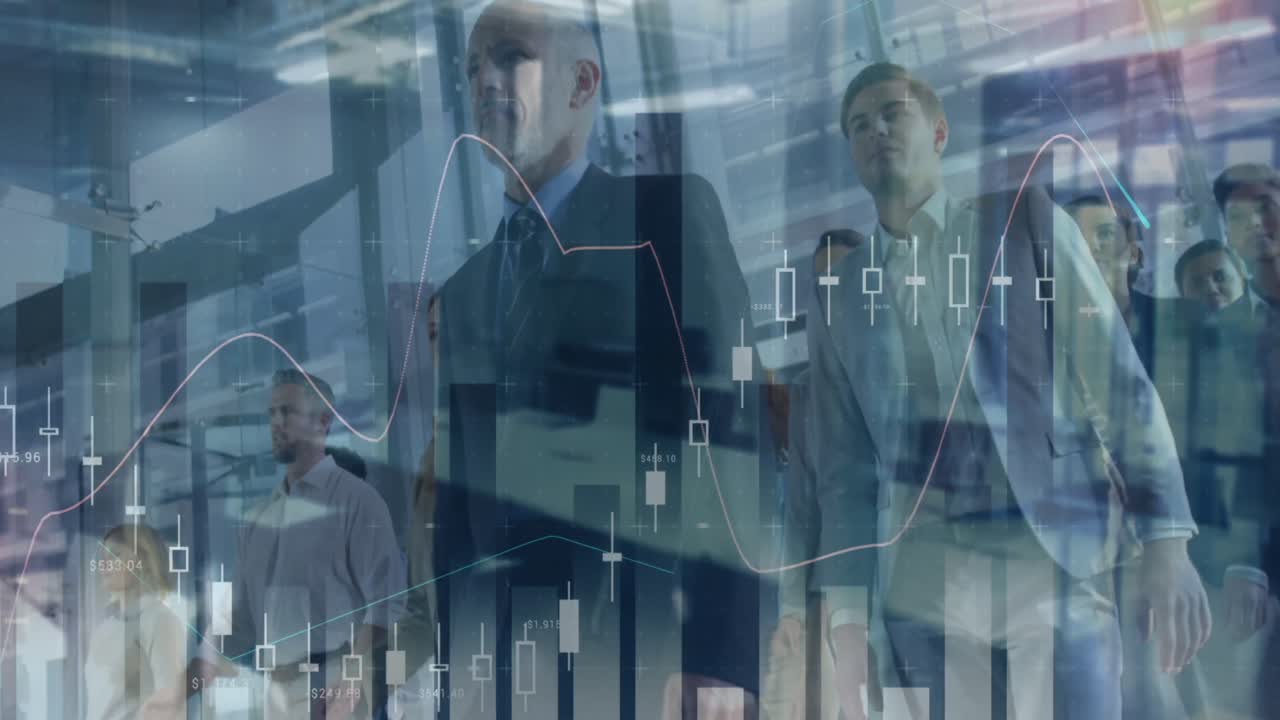 사무실에서 사업가들에 대한 금융 데이터 처리의 애니메이션