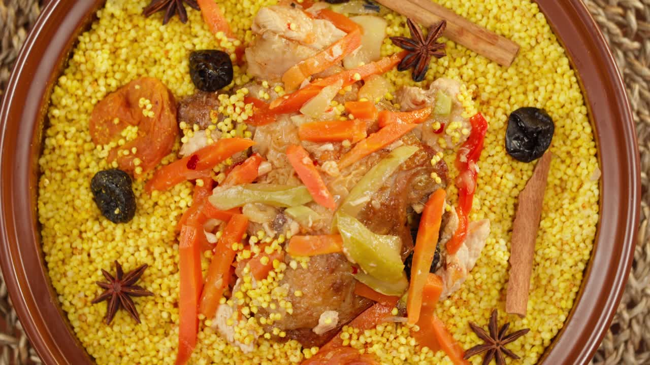 cocina marroquí vista superior. tajine, plato tradicional hecho de cordero y berenjena. cultura de oriente medio. couscous con carne de corde, arroz delicioso. comida casera.