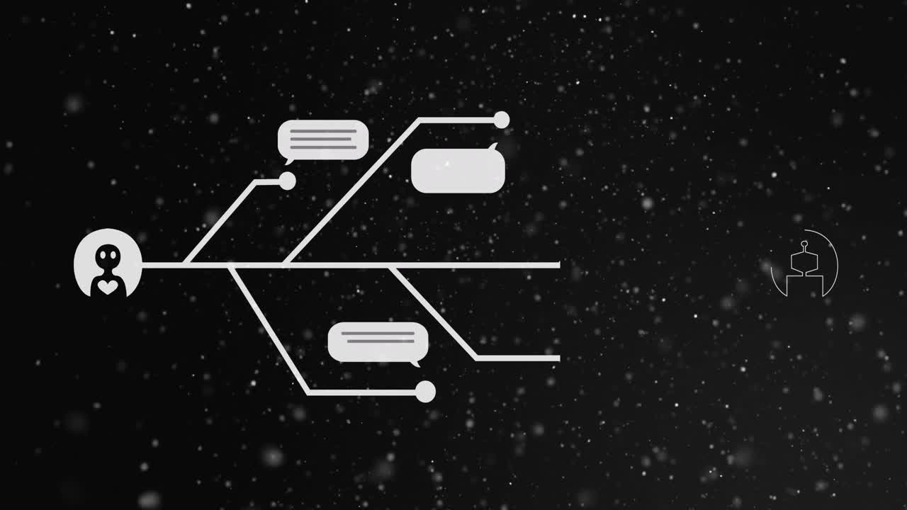 animación de un chat y procesamiento de datos sobre un fondo negro