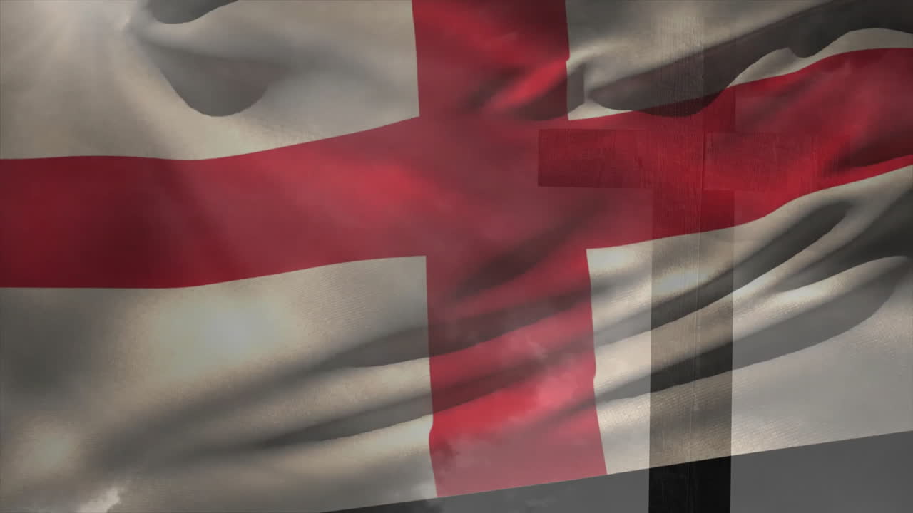 Waving England flag with cloudy sky seen through translucent fabric in animation