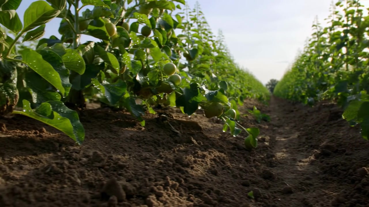Vista cercana en ángulo bajo a través de un surco de tierra central entre dos hileras paralelas de plantas jóvenes fructíferas, mostrando tierra marrón granular, crestas poco profundas, hojas verdes brillantes y reflejos brillantes en los bordes.
