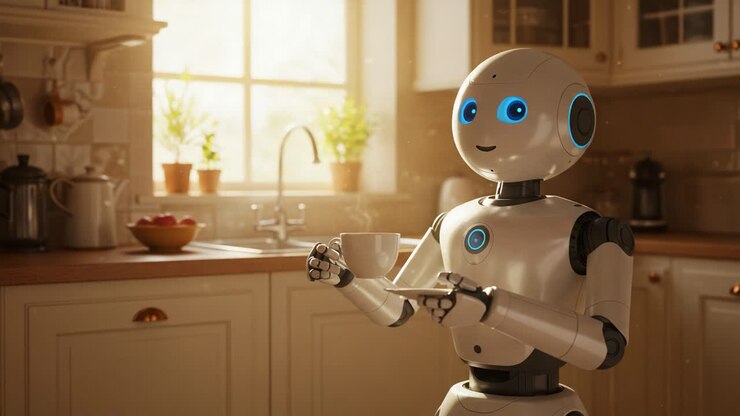 Un robot amichevole serve il tè in un'accogliente cucina, mostrando la tecnologia moderna e l'interazione uomo-robot in un ambiente luminoso e invitante
