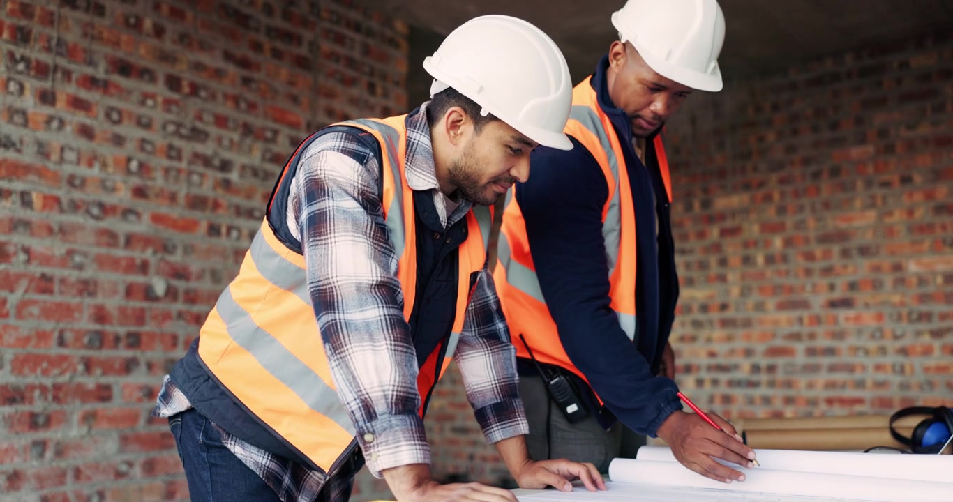 Construction Workers Reviewing Blueprints at Building Site
