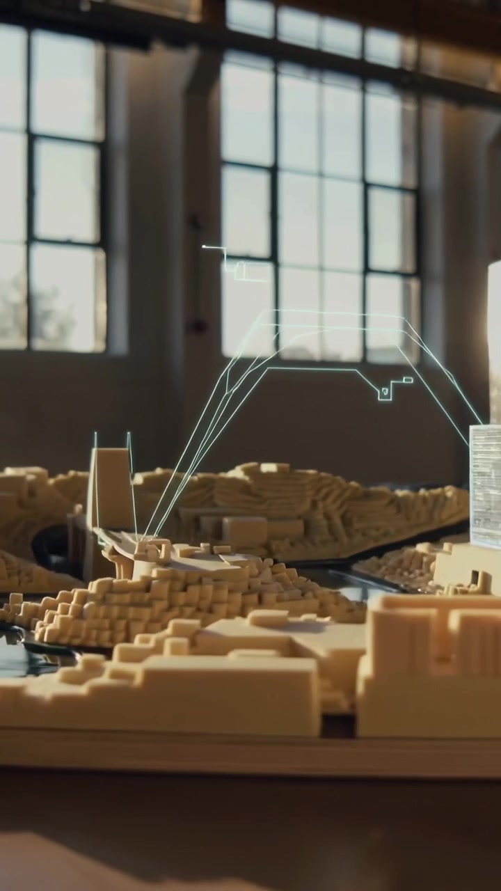Vertical video: Panning camera across scale model in loft, showing AR wireframes for review
