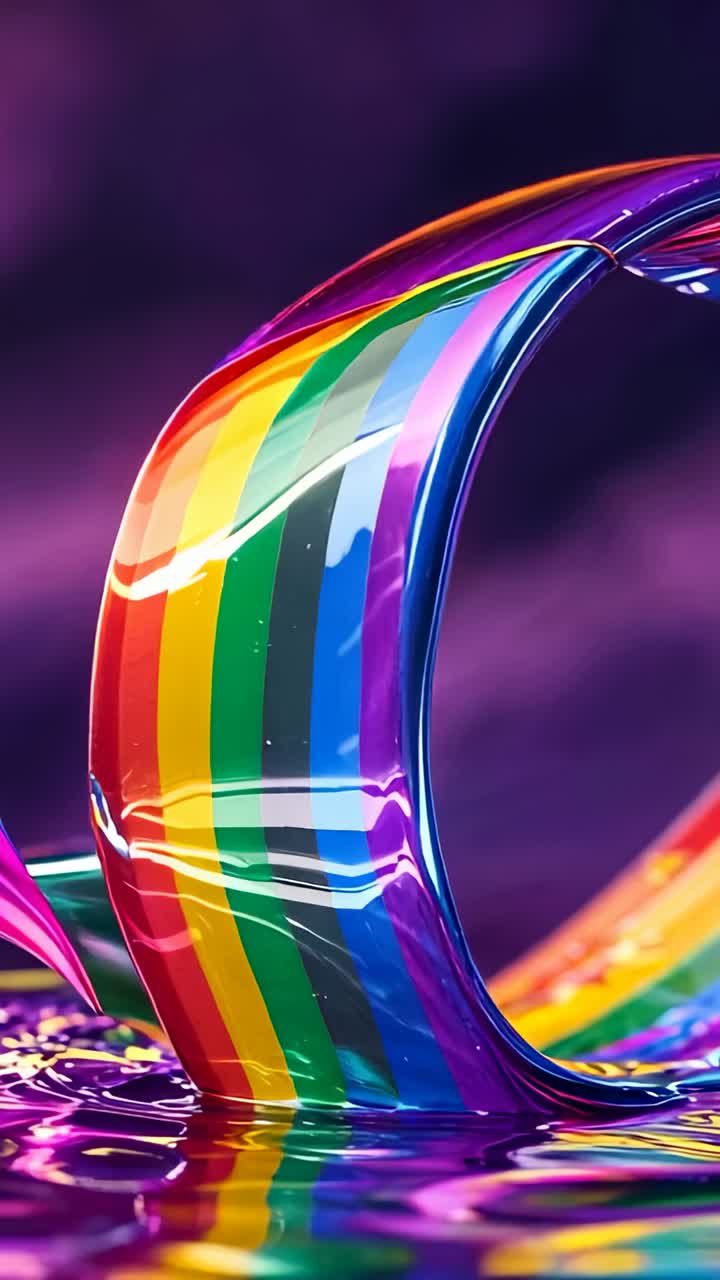 Vertical video: Liquid rainbow ribbon emerging from edge looping above reflective surface in studio