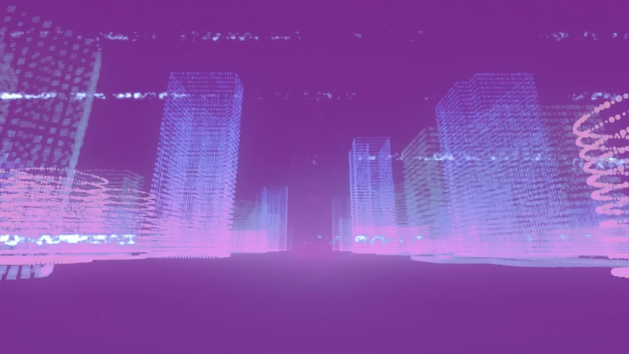 No início, uma cidade em wireframe se mantém, linhas de falha piscando, aglomerados de pixels pulsando, restaurando a clareza