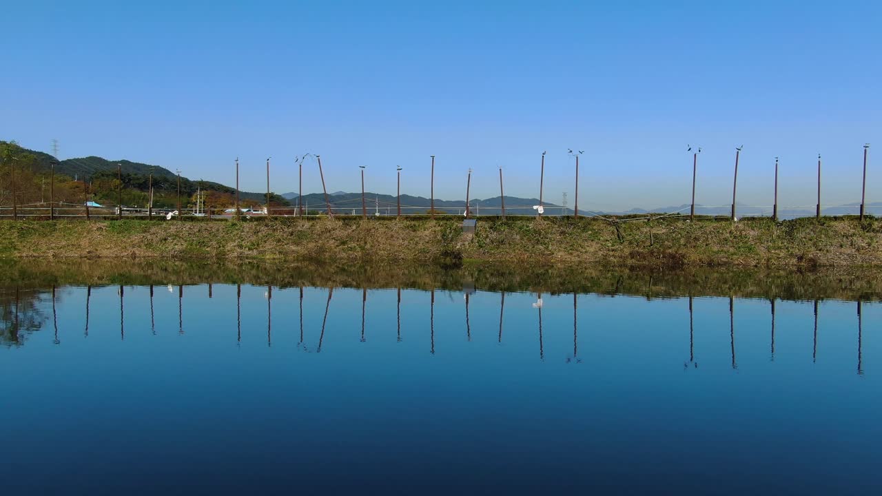 the blue sky reflected in the tranquil reservoir.