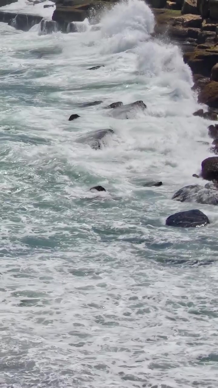 Onde che si infrangono sulla costa rocciosa nel sud del Portogallo durante il giorno