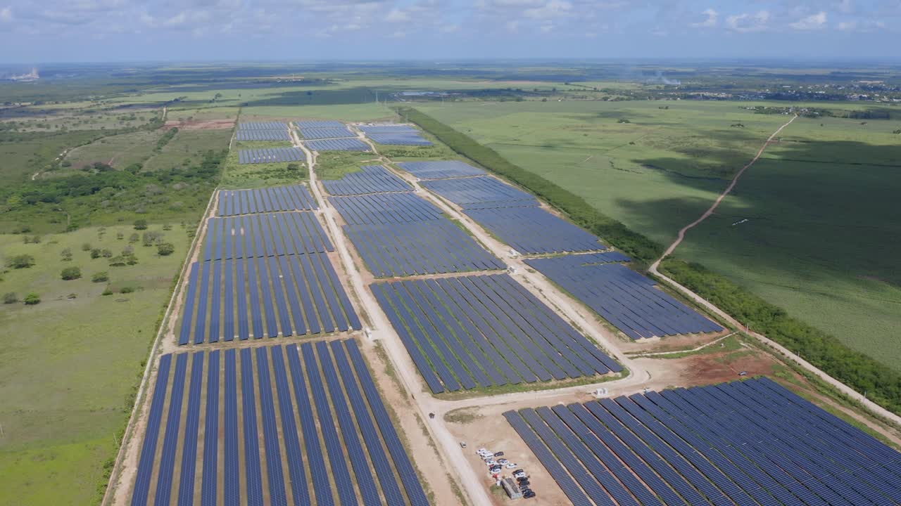 Aerial Descending Establishing Shot of Photovoltaic Park in Dominican Republic