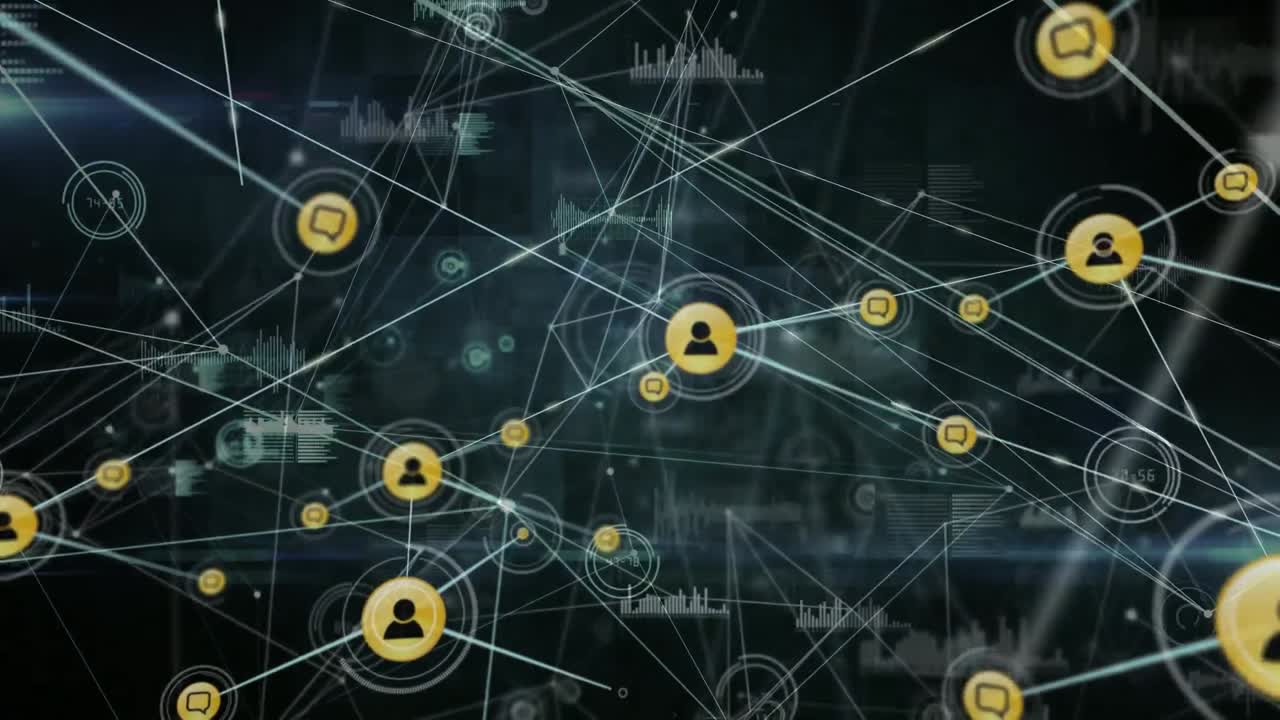 animación de una creciente red de personas naranjas e iconos de burbujas de habla que transfieren datos