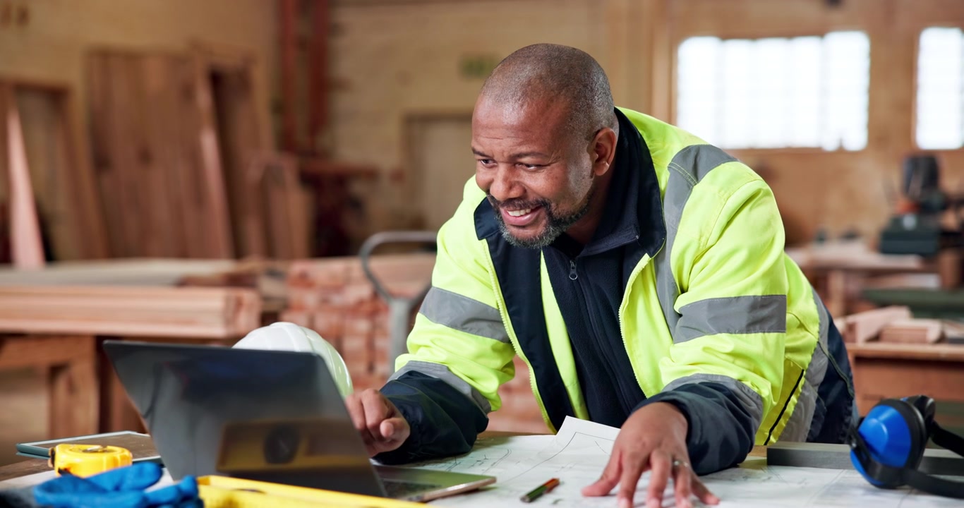 Mature Carpenter Using Laptop to Review Blueprints in Workshop