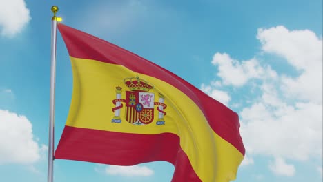 Flag-Of-Spain-Moving-In-The-Wind-With-A-Clear-Blue-Sky-In-The-Background,-Clouds-Slowly-Moving,-Flagpole,-Slow-Motion