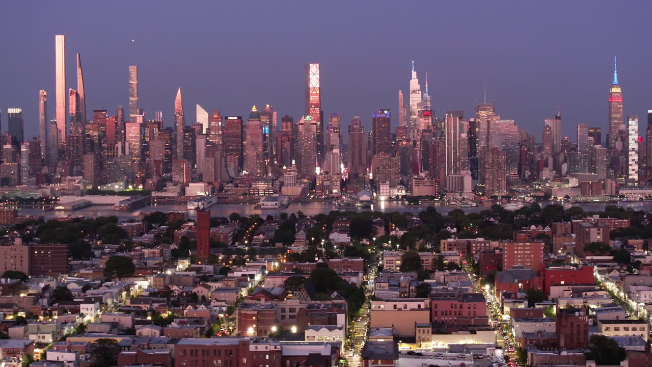 Aerial view of Midtown Manhattan at night. Shot in New Jersey