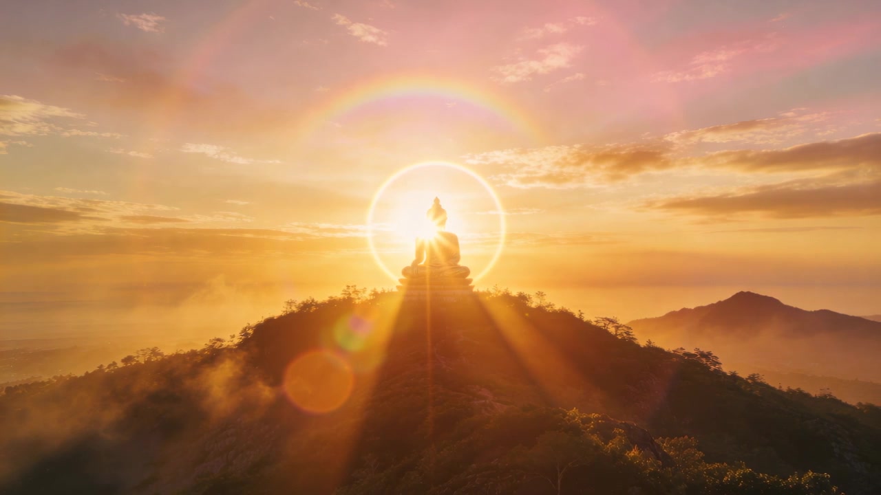 Sole che sorge dietro una grande statua di Buddha seduto, illuminando la cima della collina, rendendo più luminosa l'aureola, diradando la nebbia.