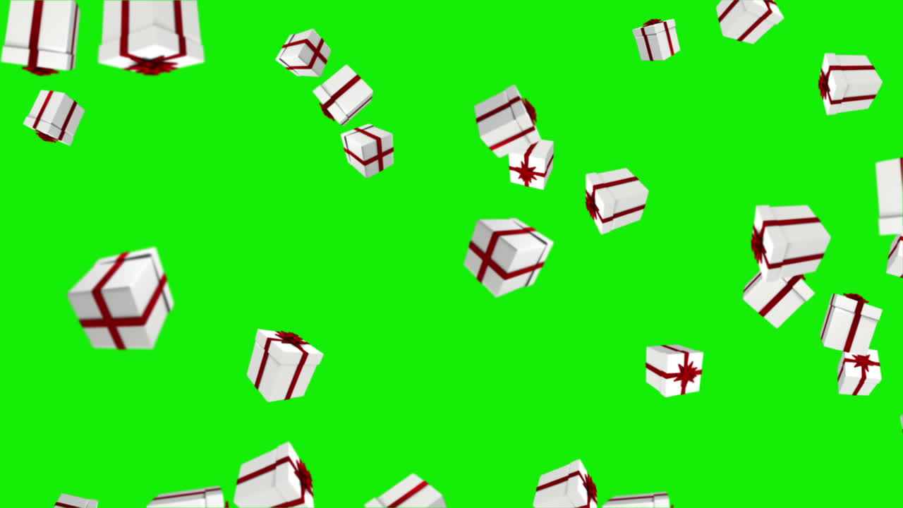Red and white presents falling on green