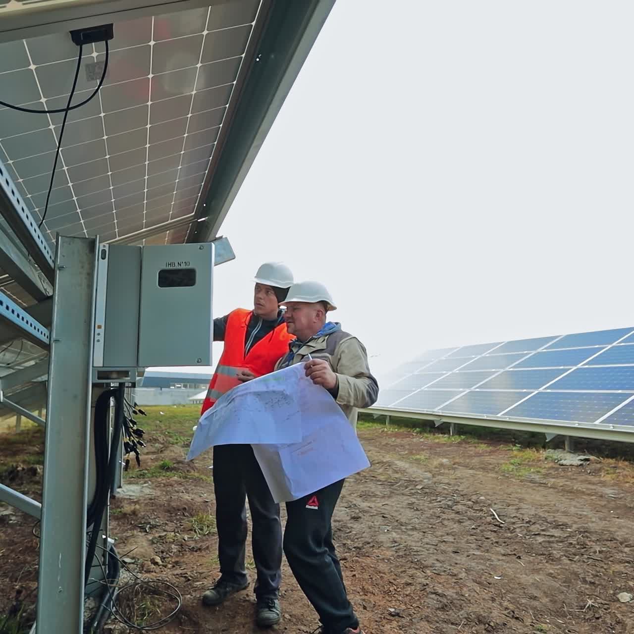 Technicians installing solar panel. Men engineers in helmets connecting photovoltaic panels on the solar farm outdoors.