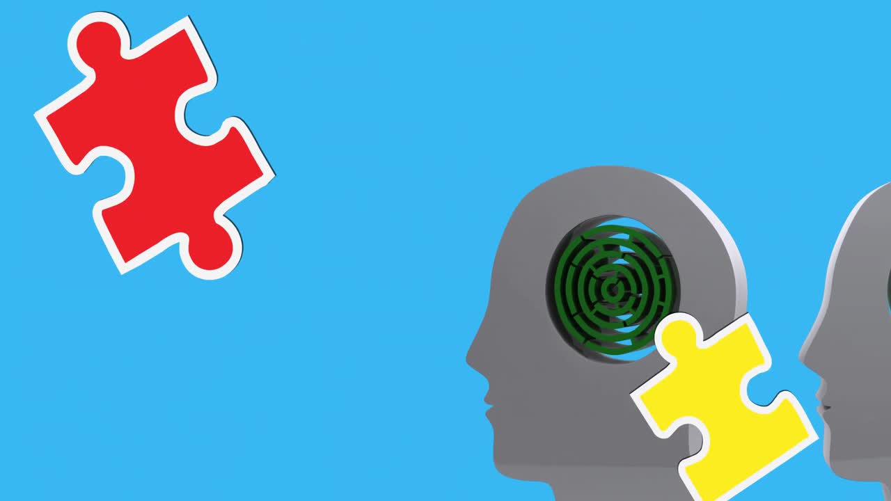 녹색, 노란색 및 빨간색 퍼즐 조각의 애니메이션은 파란색에 미로와 함께 인간의 머리 위에 떨어집니다