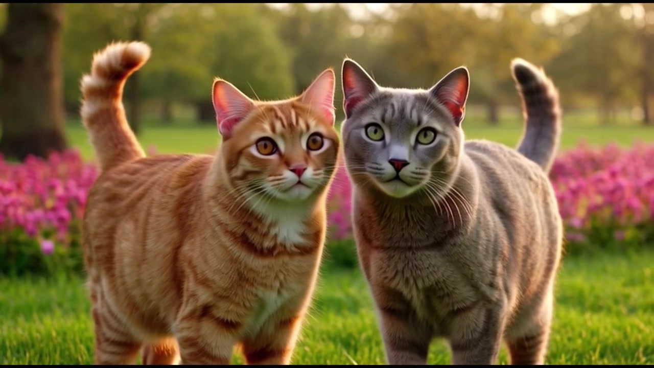 Due gatti che si coccolano in un giardino soleggiato