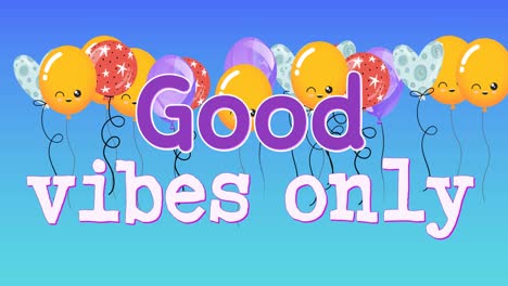 animation of good vibes only text over balloons on blue background