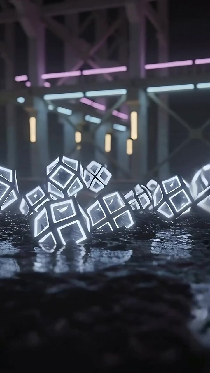 Vertical video: Floating lit cubes drifting on neon water at pier with posts, reacting to splash