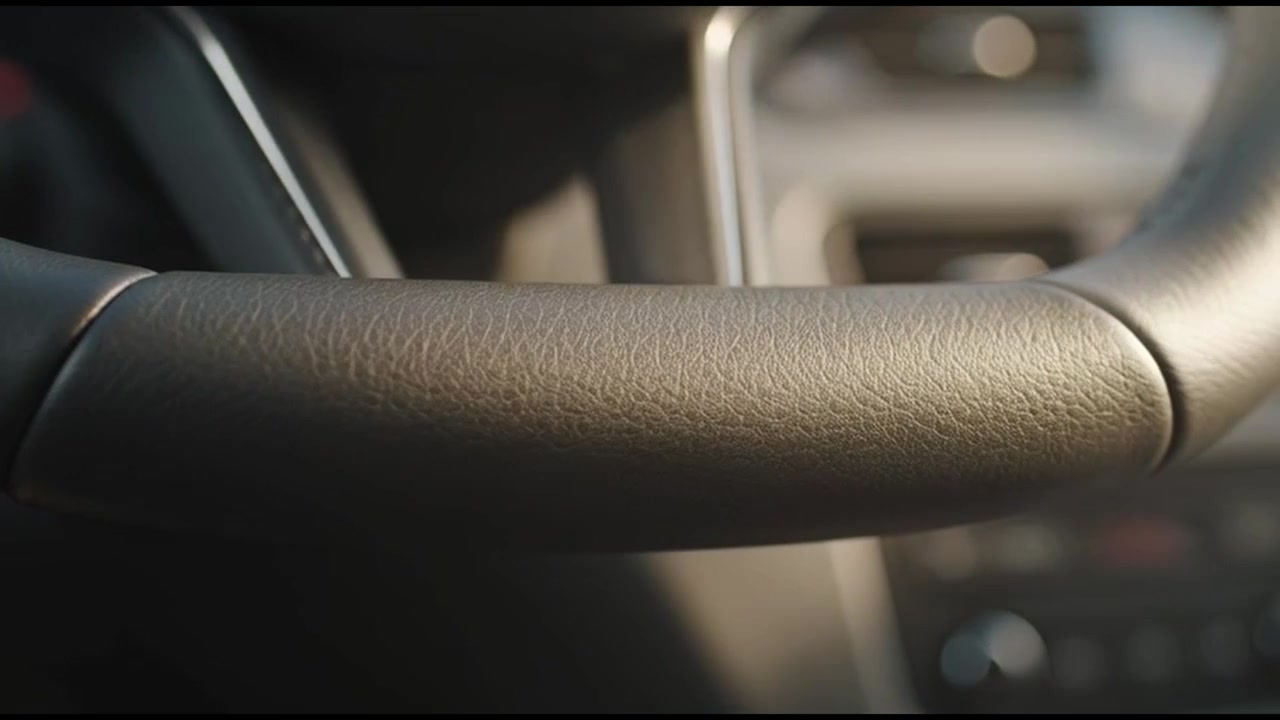 Primer plano de un volante de cuero en el interior de un coche moderno