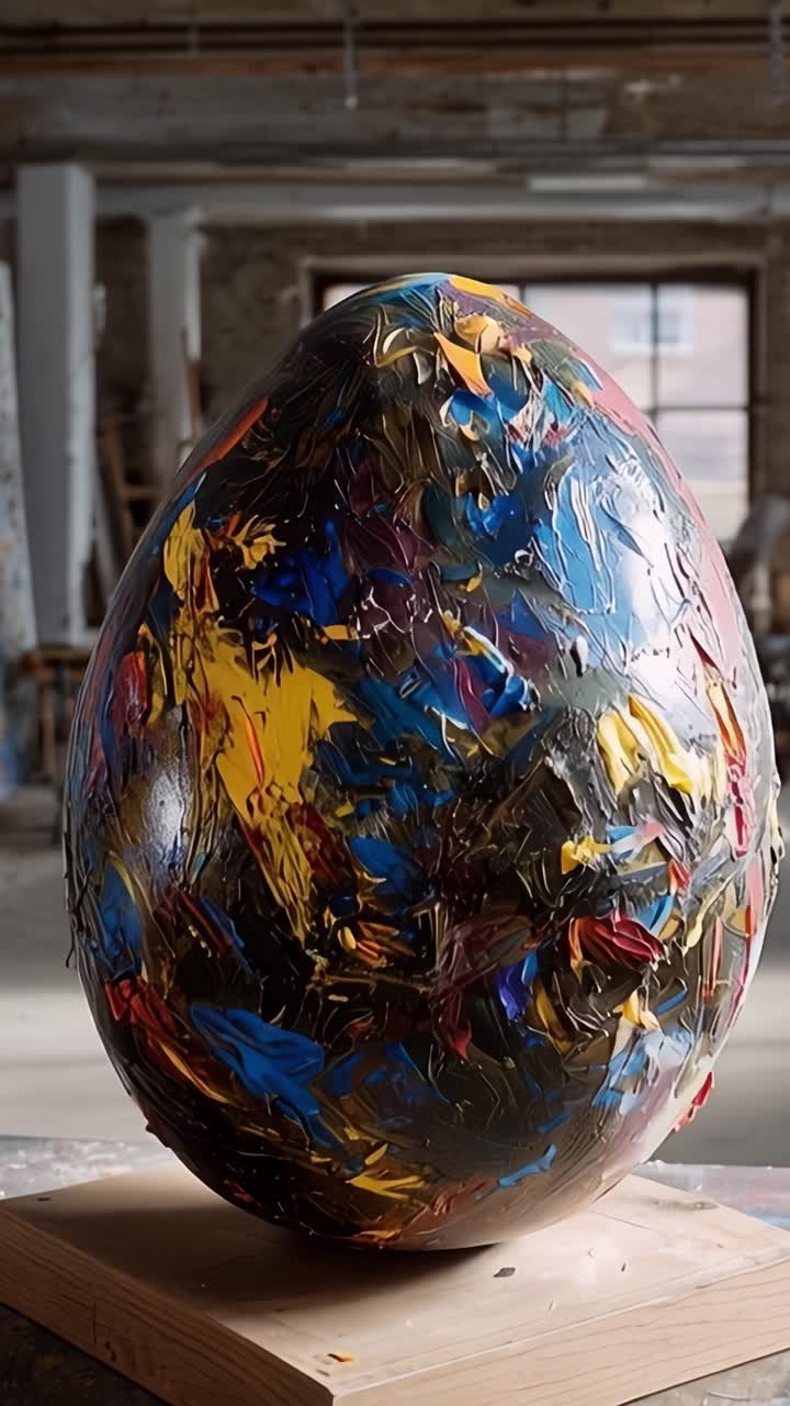 Una vibrante escultura abstracta de huevo que exhibe textura colorida y maestría artística en un ambiente de estudio luminoso bajo luz natural suave.